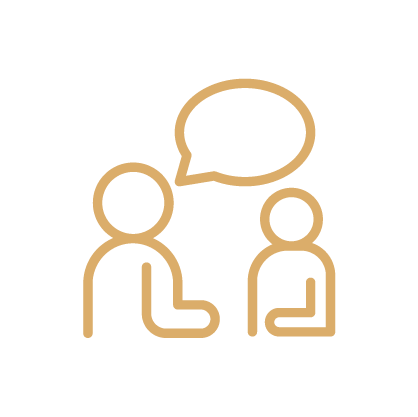 a gold outline of two people talking