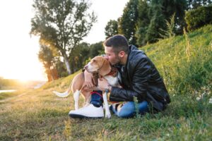 A man sitting outdoors in a grassy field hugging and kissing his dog lovingly at sunset, showing affection and companionship.